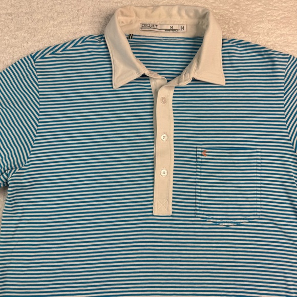 Criquet Polo Shirt Mens Medium Blue White Striped Performance Pima Stretch Golf - Picture 1 of 8